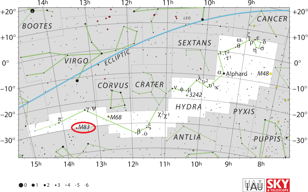 m83 location,southern pinwheel galaxy location,find m83,where is messier 83